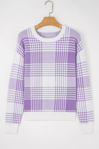 Lilac Plaid Print Ribbed Trim Loose Sweater