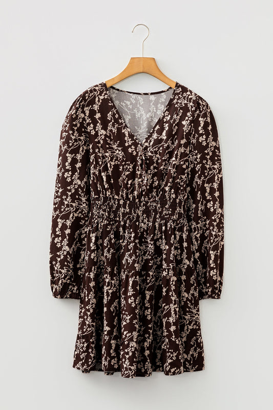 Brown Ditsy Floral Print Split Neck Long Sleeve Shirred Waist Flared Mini Dress