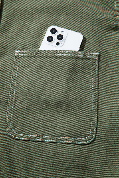 Smoke Green Patched Pocket Collared Button Front Boyfriend Denim Jacket