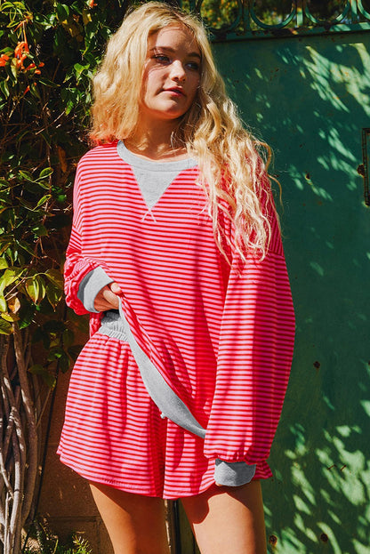 Red Stripe Drop Shoulder Baggy Pullover and Shorts Casual Set