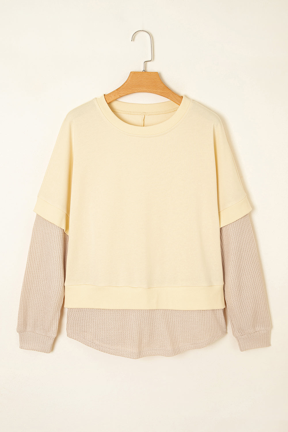 Apricot 2 in 1 Faux Two Piece Patchwork Round Neck Sweatshirt