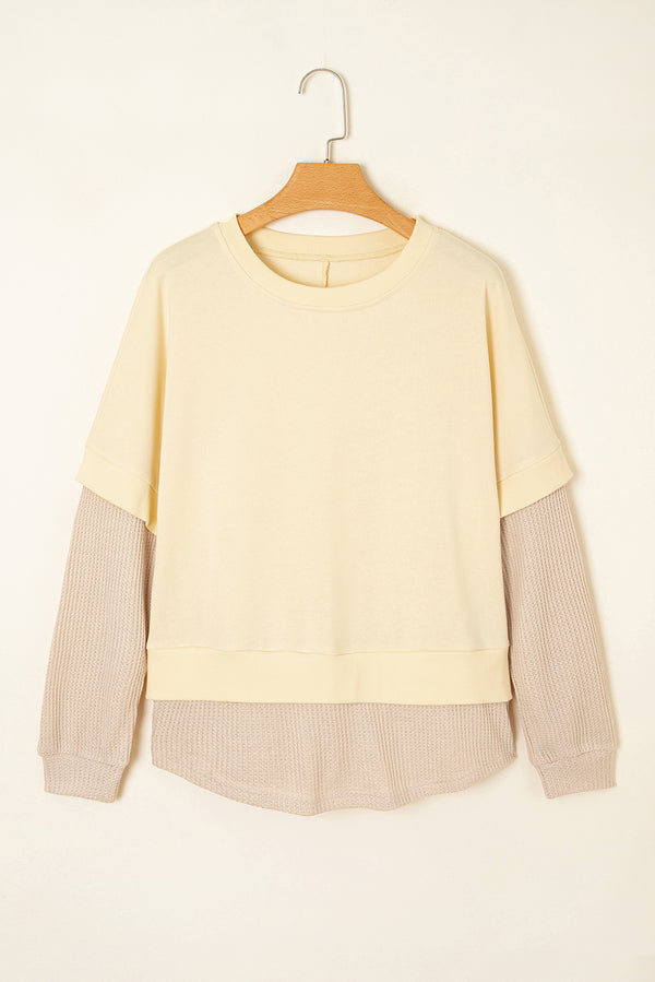Apricot 2 in 1 Faux Two Piece Patchwork Round Neck Sweatshirt