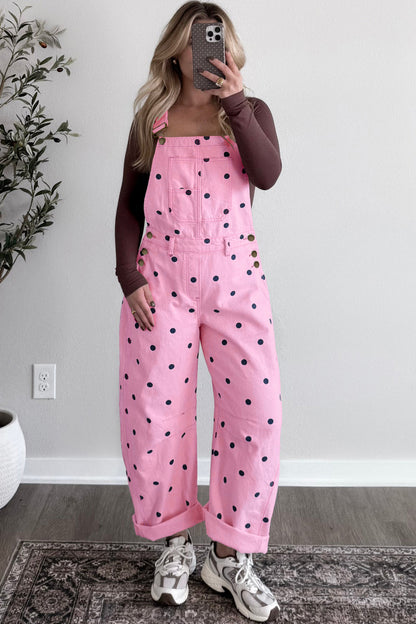 Jet Stream Polka Dot Print Bib Pocket Denim Barrel Overalls Jumpsuit