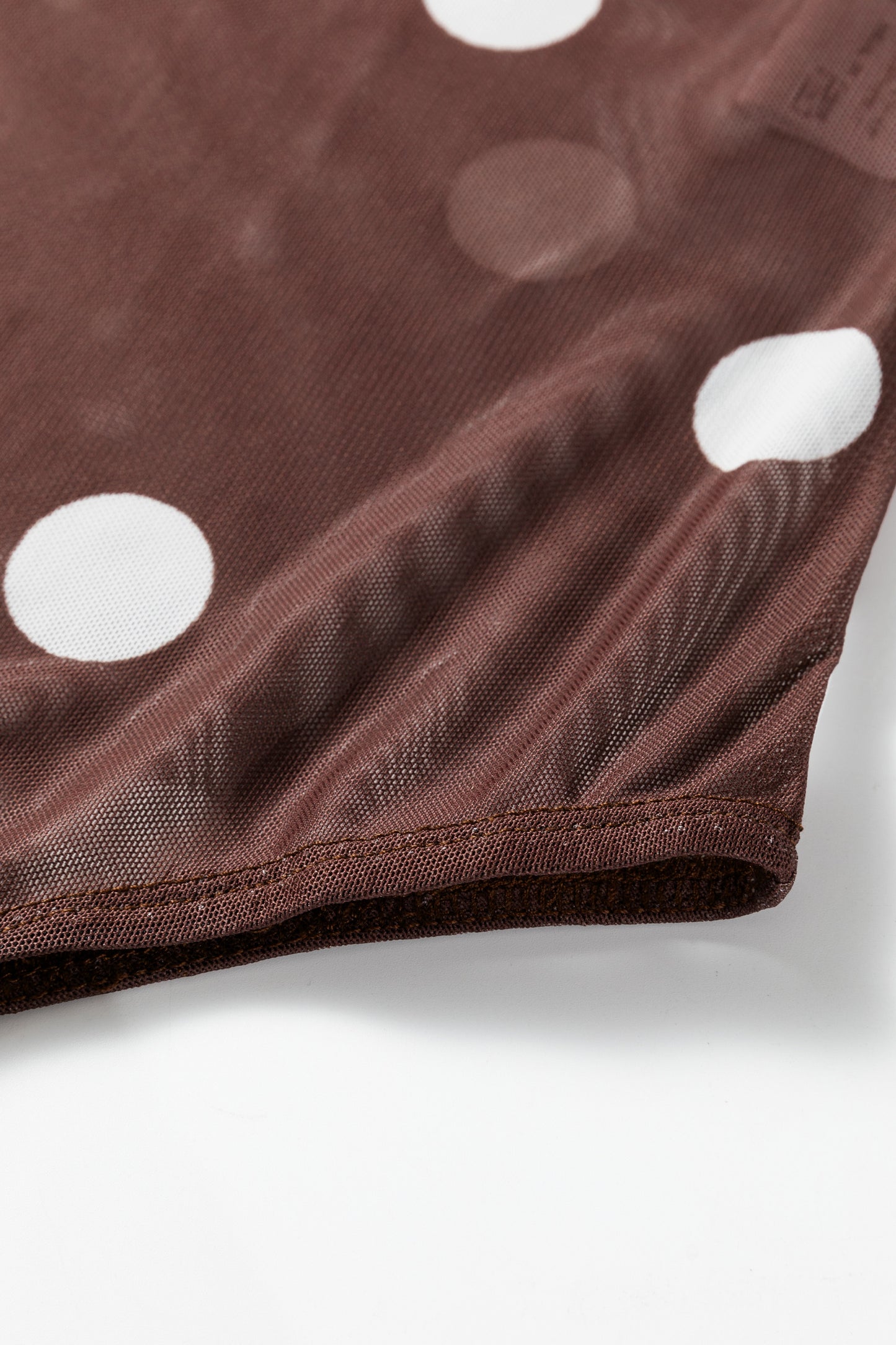 Brown Vintage Polka Dot Print Mesh Long Sleeve Bodysuit