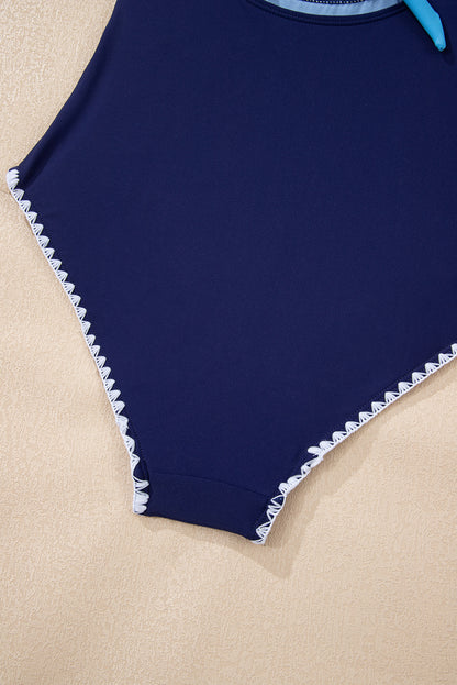 Beau Blue Ric Rac Trim Contrasted Patchwork Cutout One Piece Swimsuit