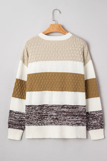 Brown Mixed Texture Knit Striped Color Block Loose Sweater