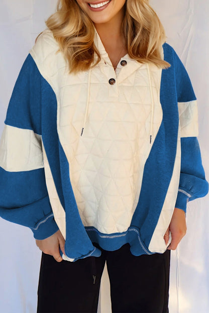 White Quilted Fleece Color Block Patchwork Oversize Hoodie
