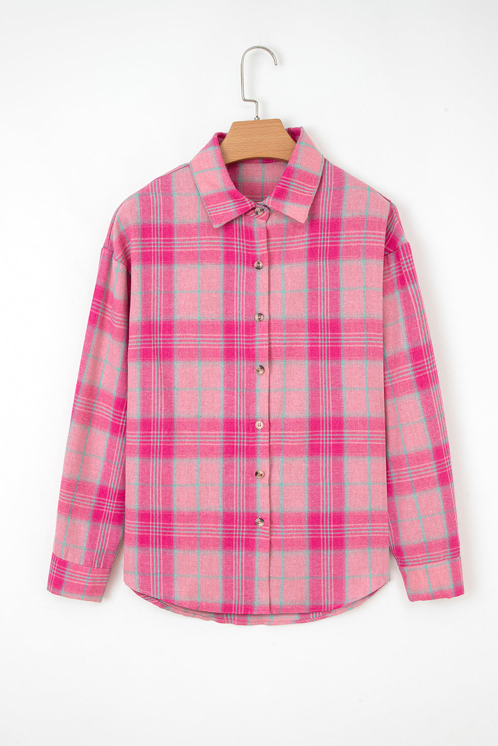 Sachet Pink Plaid Print Rounded Hem Long Sleeve Shirt with Pockets