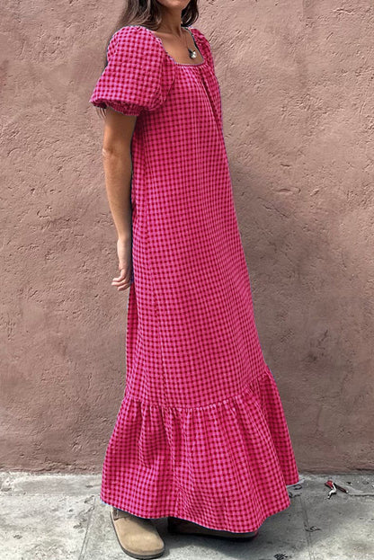 Rose Ginham Check Bubble Sleeve Ruffled Maxi Dress