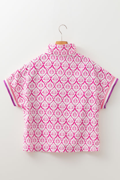Pink Western Print Zipped Collar Short Sleeve Summer Blouse Top
