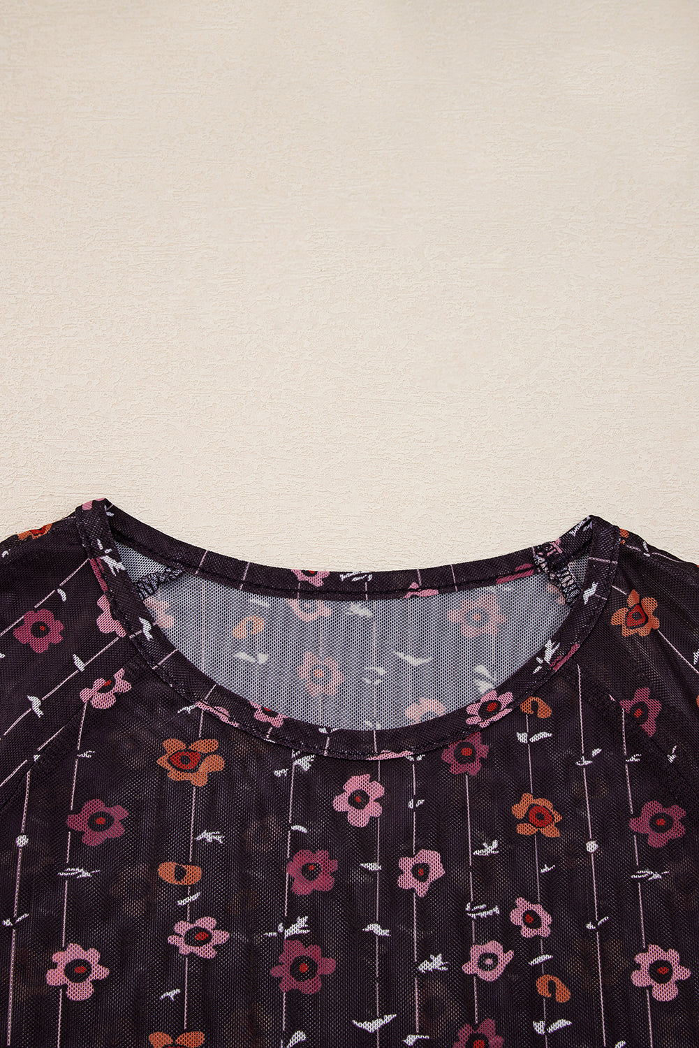 Black Floral Print Smocked Cuff Slim Fit Mesh Bodysuit