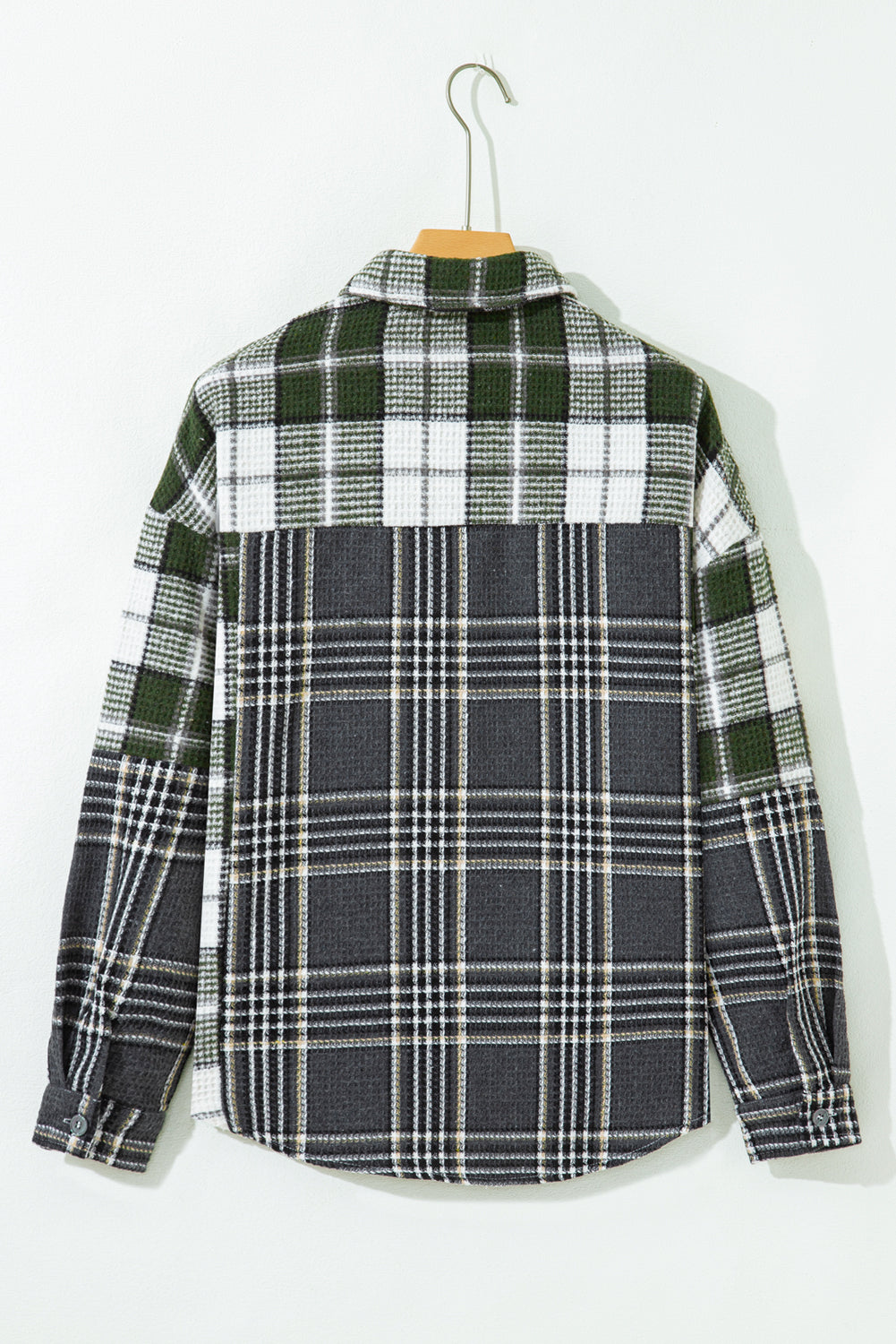 Black Plaid Print Textured Knit Buttoned Shacket