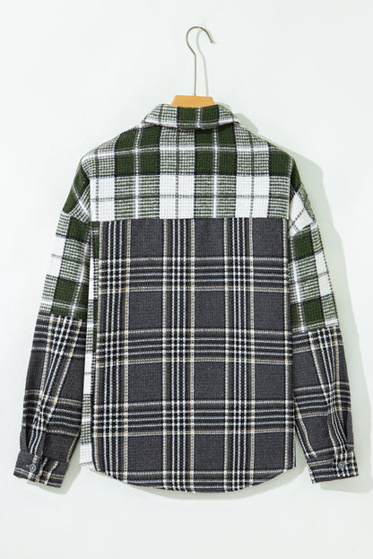 Black Plaid Print Textured Knit Buttoned Shacket