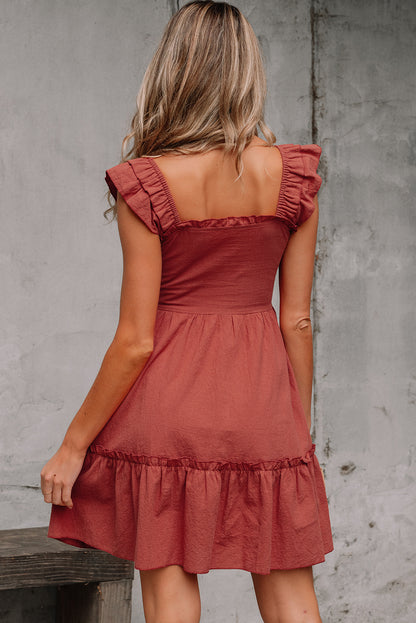 Red Sandalwood Geometric Stitch Shirred Bodice Ruffled Trim Sleeveless Mini Dress