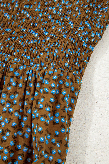 Green Floral Print Western Smocked Bodice Square Neck Wide Leg Jumpsuit