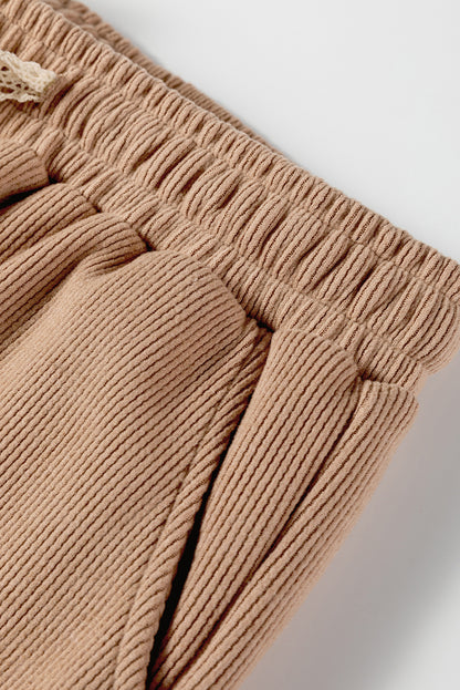 Rose Tan Lace Drawstring Pullover Hoodie and High Waist Pants Corduroy Suit