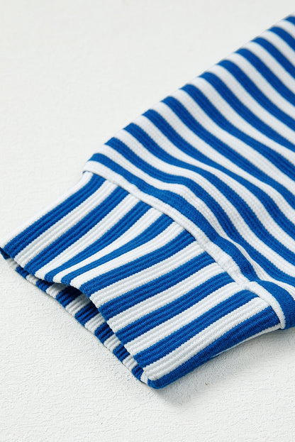 Green Stripe Quarter Zip Collar Pullover Long Sleeve Top