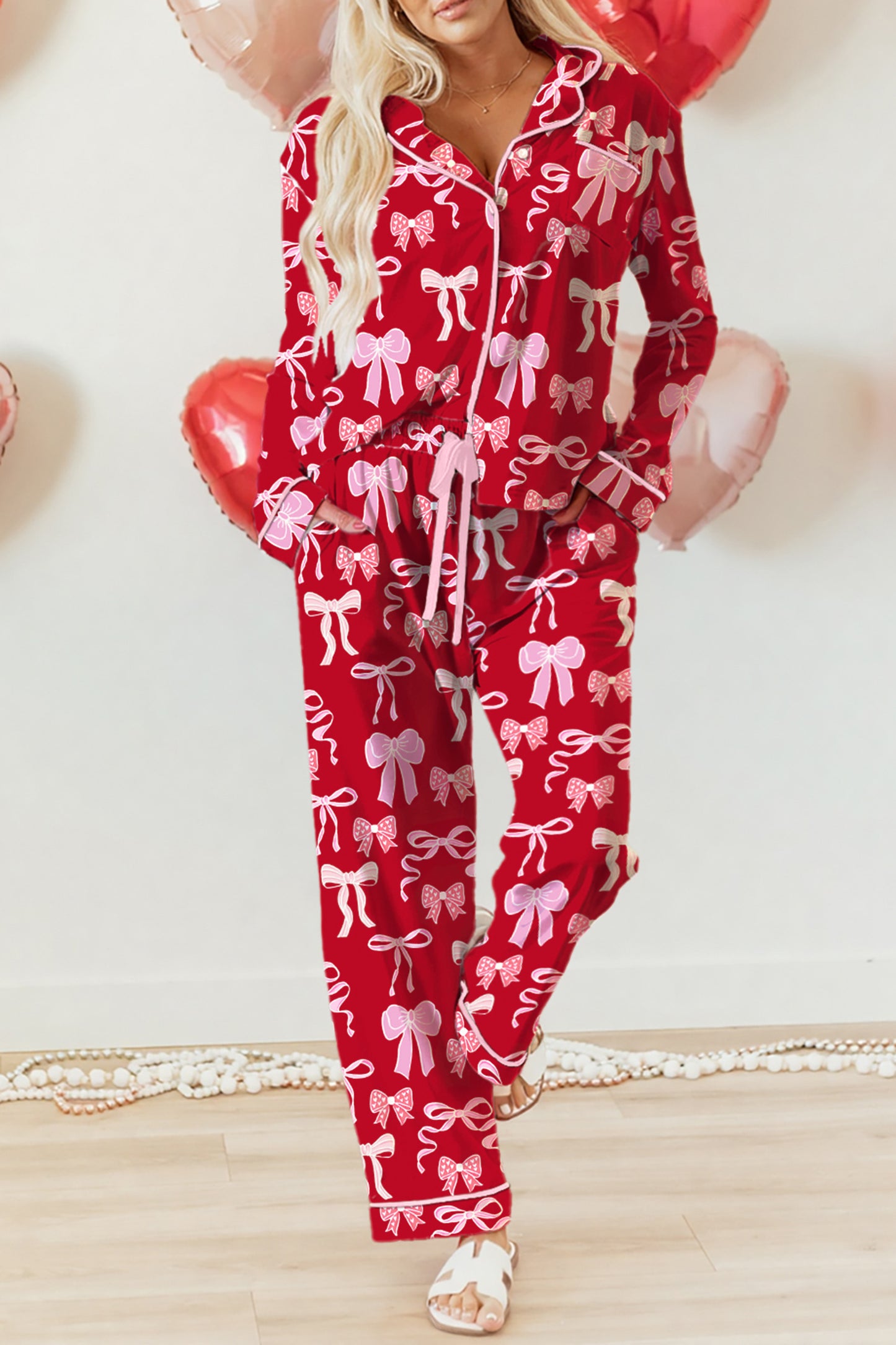 Red Sweet Bow Print Shirt Style Top Long 2pcs Pajama Set
