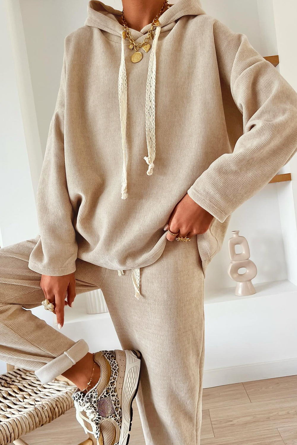 Jet Stream Lace Drawstring Pullover Hoodie and High Waist Pants Corduroy Suit