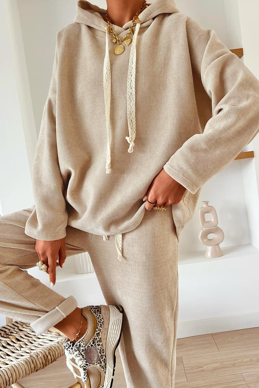 Jet Stream Lace Drawstring Pullover Hoodie and High Waist Pants Corduroy Suit