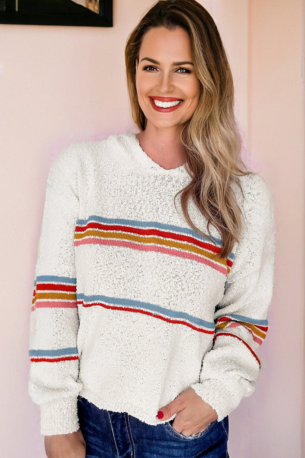 White Multicolored Striped Accent Hooded Popcorn Sweater