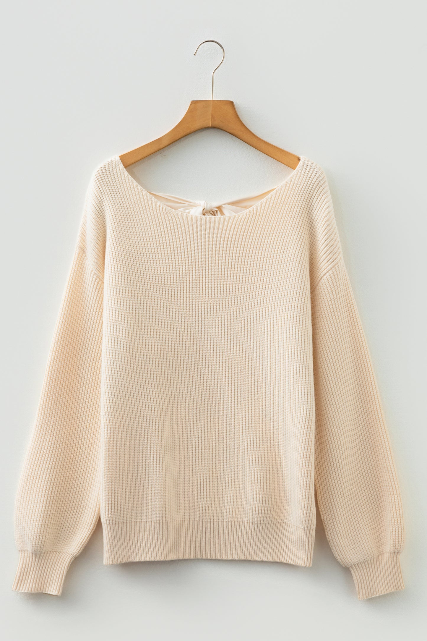 Jet Stream Ribbed Knit Ribbon Knot Backless Drop Shoulder Sweater