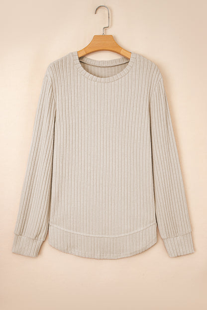 Jet Stream Ribbed Texture Round Neck Long Sleeve Rounded Hem Knit Top