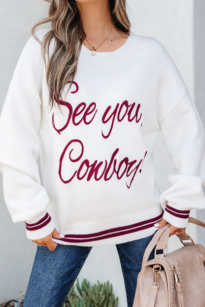 Light Grey See You Cowboy Embroidered Western Graphic Sweater