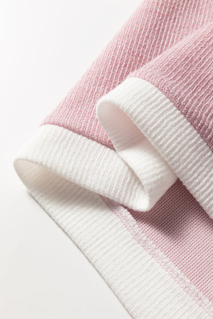 Light Pink Contrast Color Trim Knit Drop Shoulder Loose Top