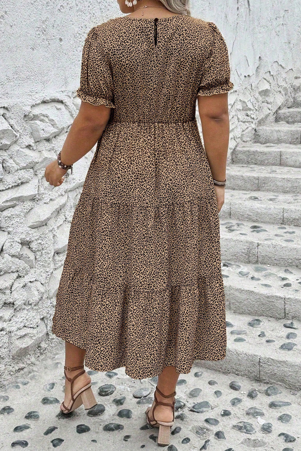 Beige Plus Size Leopard Print Frill Trim Short Sleeve Flared Dress