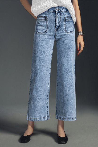 Sky Blue Chic Patch Pocket Straight Leg Loose Jeans