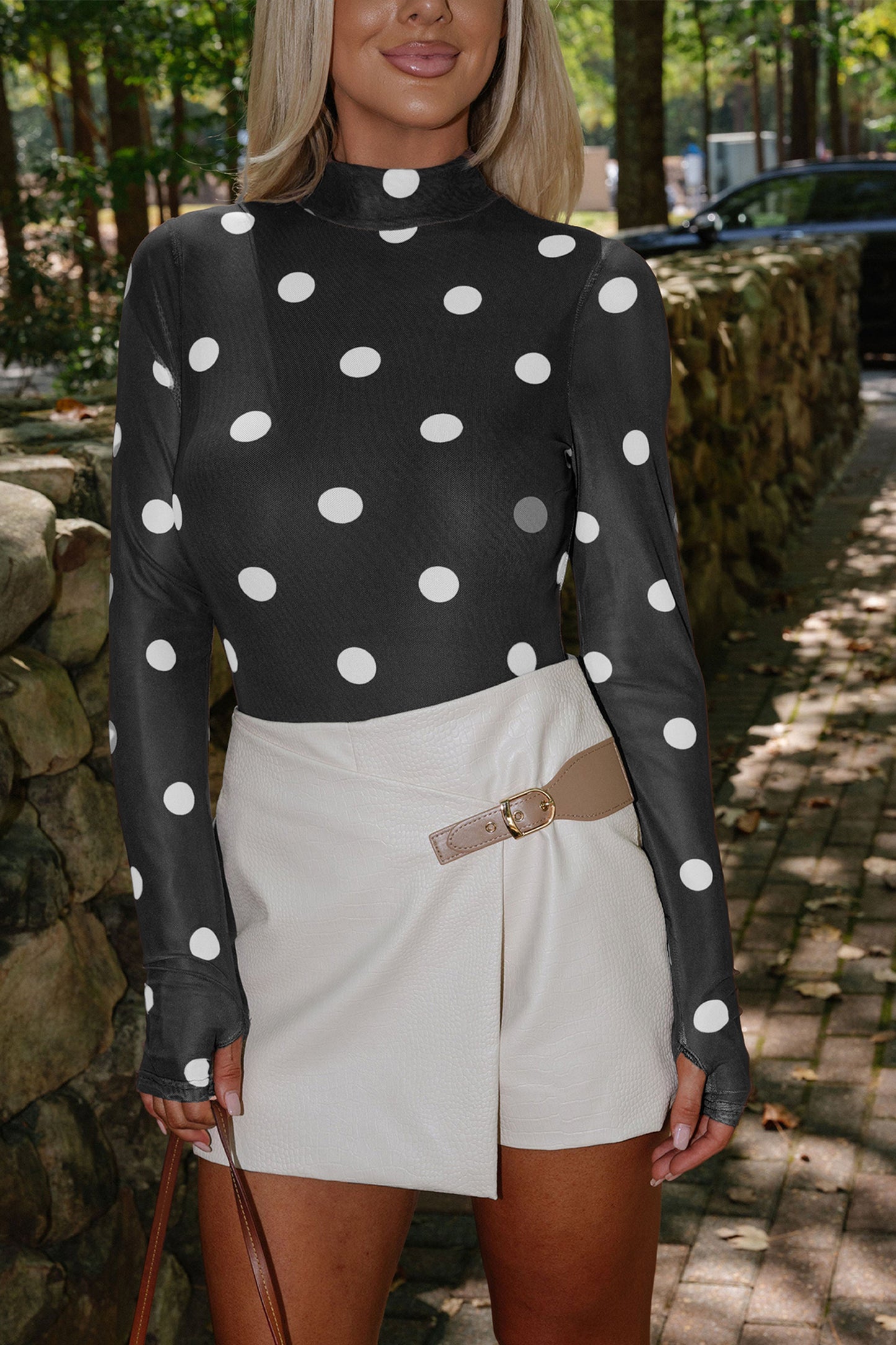 Black Vintage Polka Dot Print Mesh Long Sleeve Bodysuit