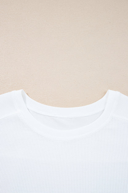 White Solid Color Waffle Ribbed Patchwork Dolman Sleeve Oversize Knit Top