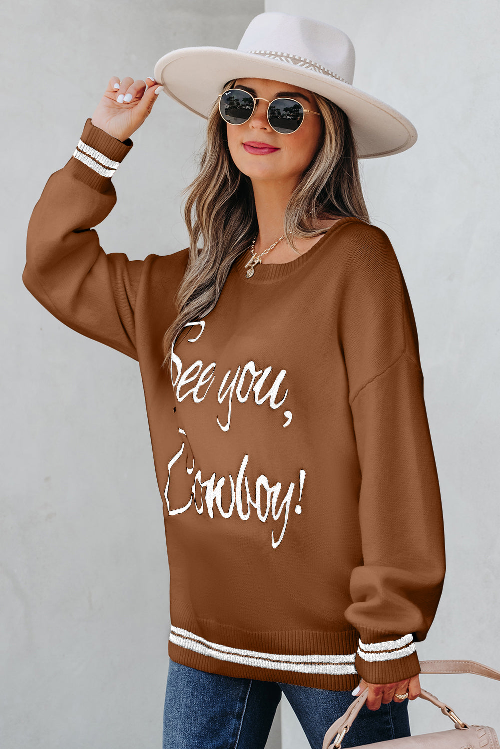 Coffee See You Cowboy Embroidered Western Graphic Sweater
