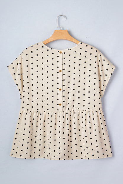 Apricot Plus Size Polka Dot Print Button Detail Short Sleeve Babydoll Blouse