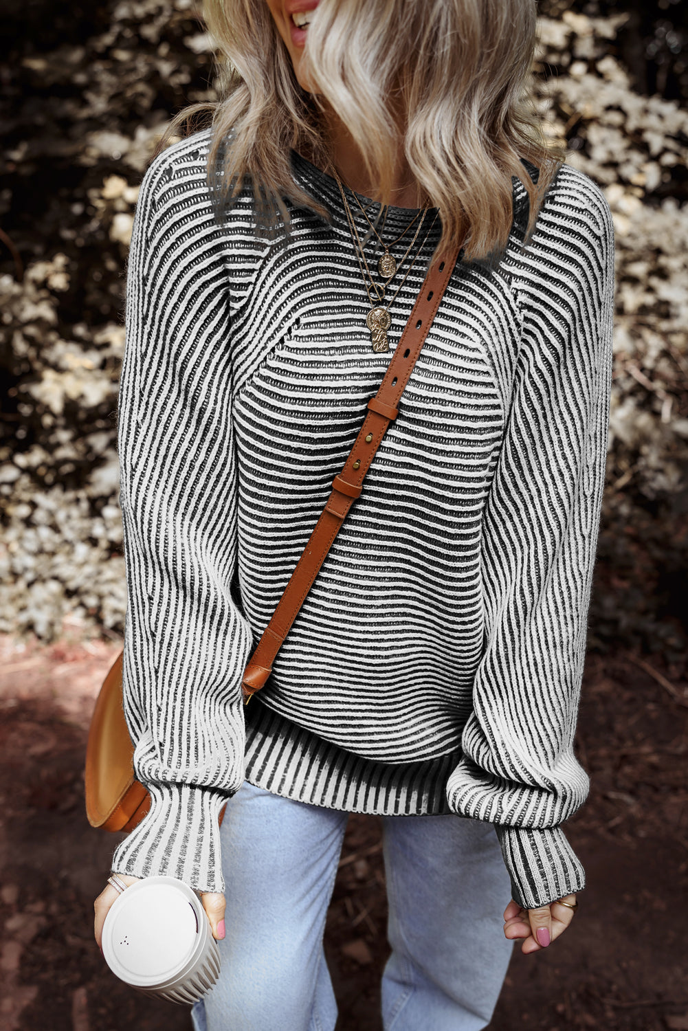 Red Dahlia Striped Print Ribbed Knit Boat Neck Baggy Sweater