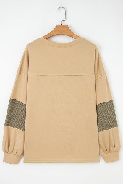 Laurel Green Exposed Seam Contrast Texture Patchwork Plus Size Drop Shoulder Pullover