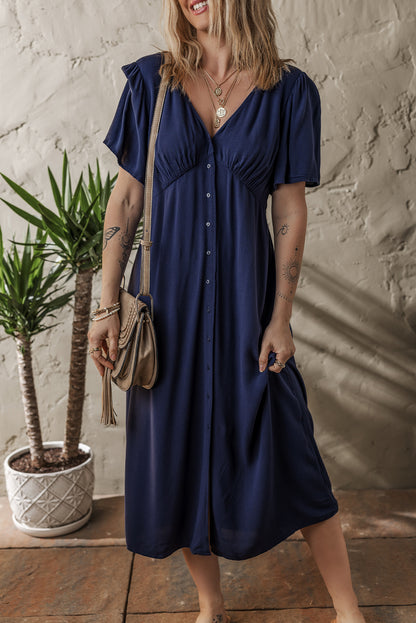 Navy Blue V Neck Buttoned Front Shirred Back Short Sleeve Midi Dress