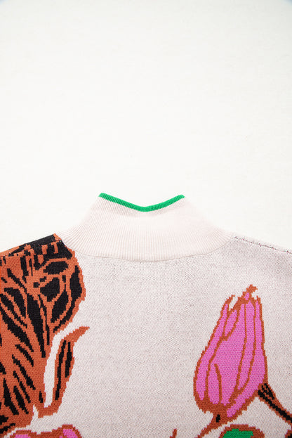 Khaki Floral Pattern Knit Quarter Zip Stand Neck Sweater