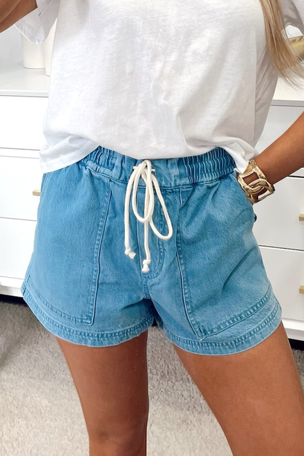 Beau Blue Contrast Drawstring Elastic Waistband Denim Shorts