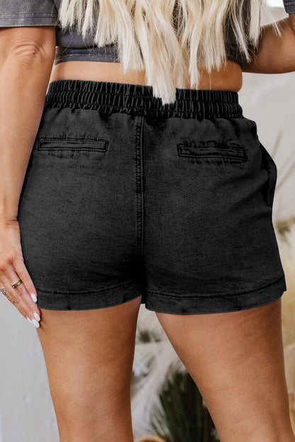Dusk Blue Drawstring Elastic Waistband Pocketed Denim Shorts