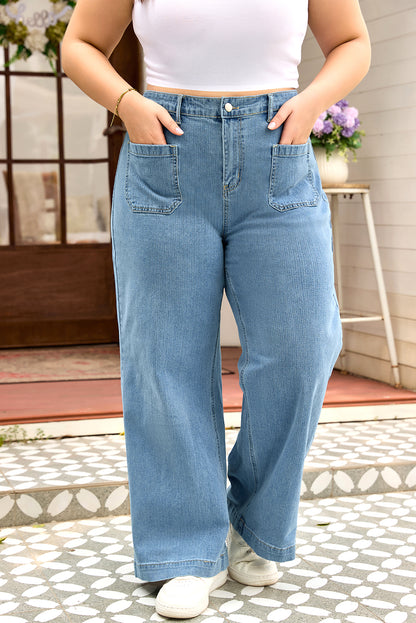 Dusk Blue Patched Pocket Textured Wide Leg Plus Size Jeans