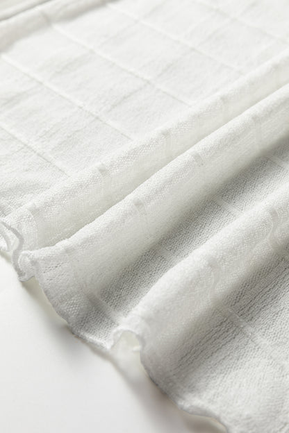 White Sheer Plaid Mesh Lettuce Trim Slim Fit Long Sleeve Top