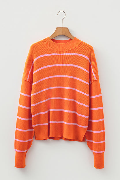 Orange Stripe Ribbed High Neck Drop Shoulder Boxy Fit Sweater