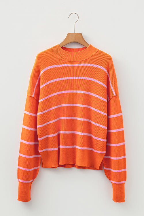 Orange Stripe Ribbed High Neck Drop Shoulder Boxy Fit Sweater