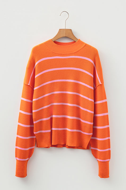 Orange Stripe Ribbed High Neck Drop Shoulder Boxy Fit Sweater