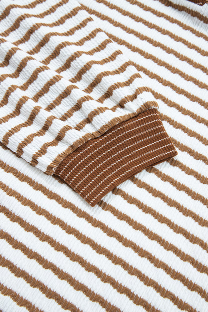 Khaki Stripe Plus Size Collared V Neck Loose Pullover Drawstring Elastic Waist Wide Leg Pant Set