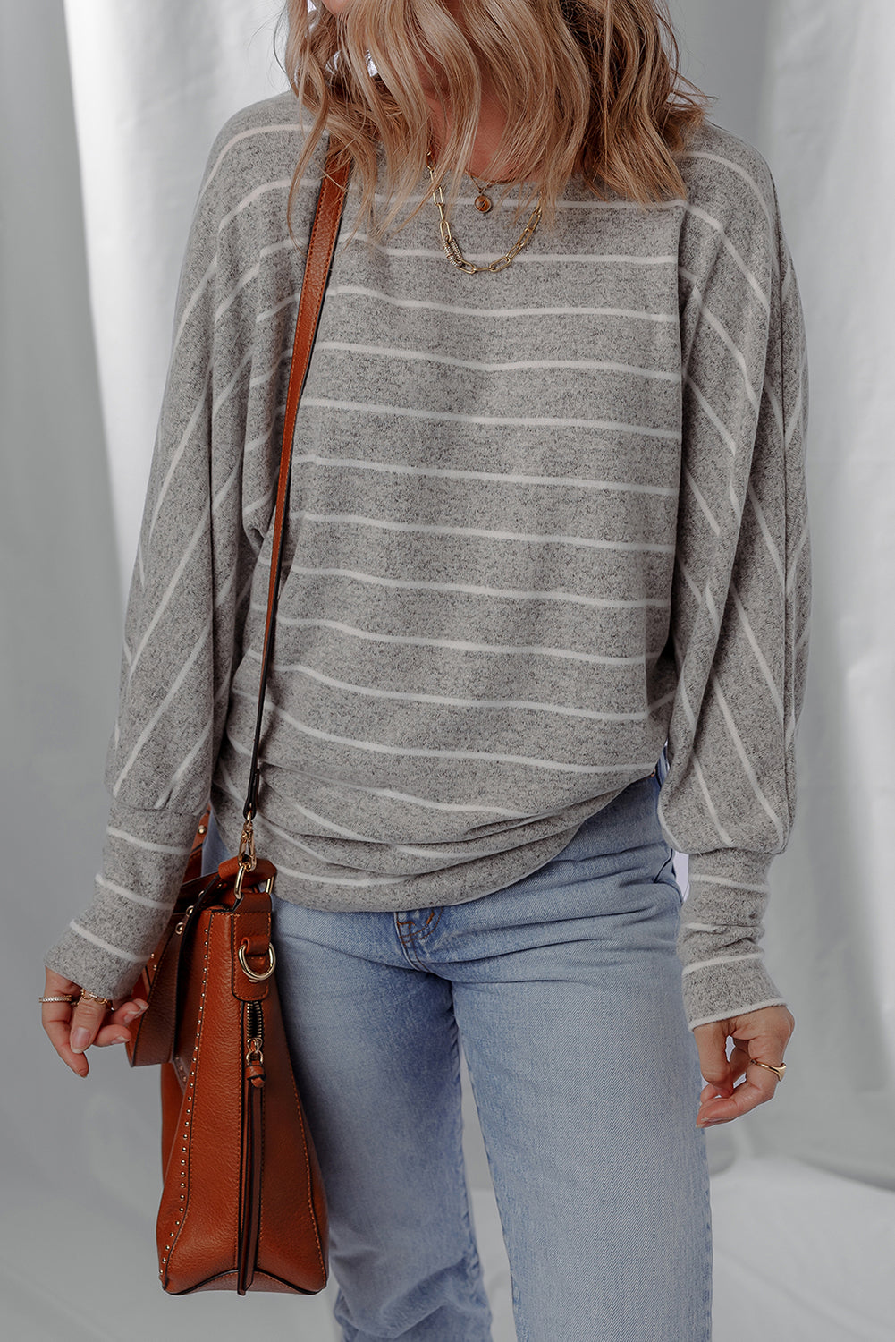Gray Stripe Dolman Sleeve Drop Shoulder Top