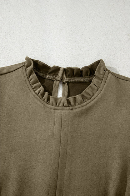 Moss Green Frilled Round Neck Short Puff Sleeve Shift Mini Dress