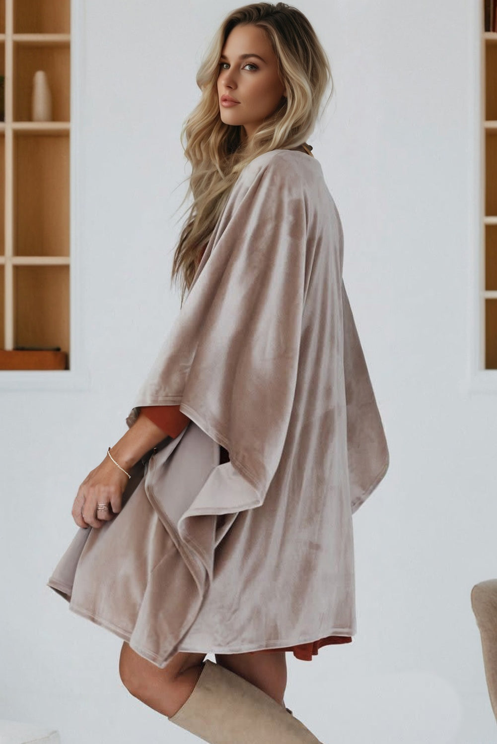 Smoke Gray 3/4 Sleeve Open Front Velvet Kimono